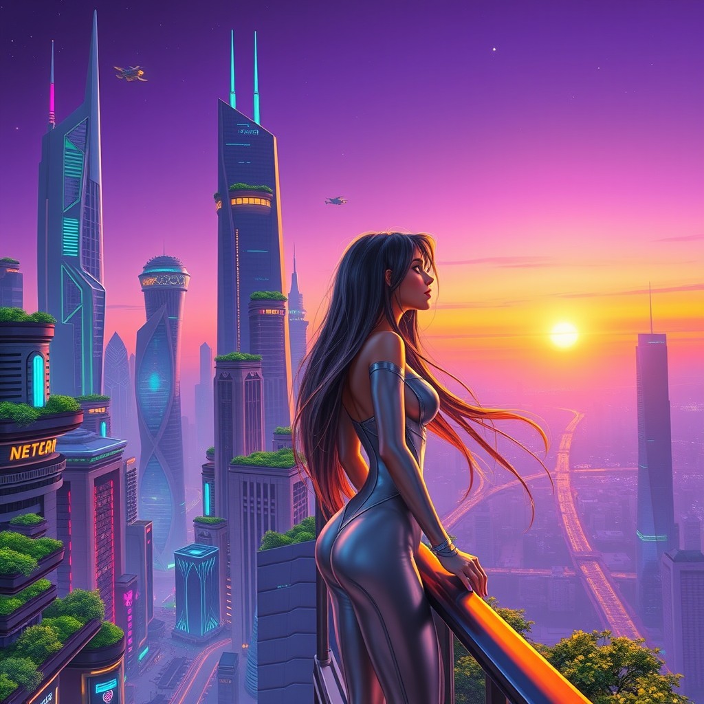 A vibrant digital artwork featuring a futuristic city skyline at dusk, with neon lights illuminating the buildings