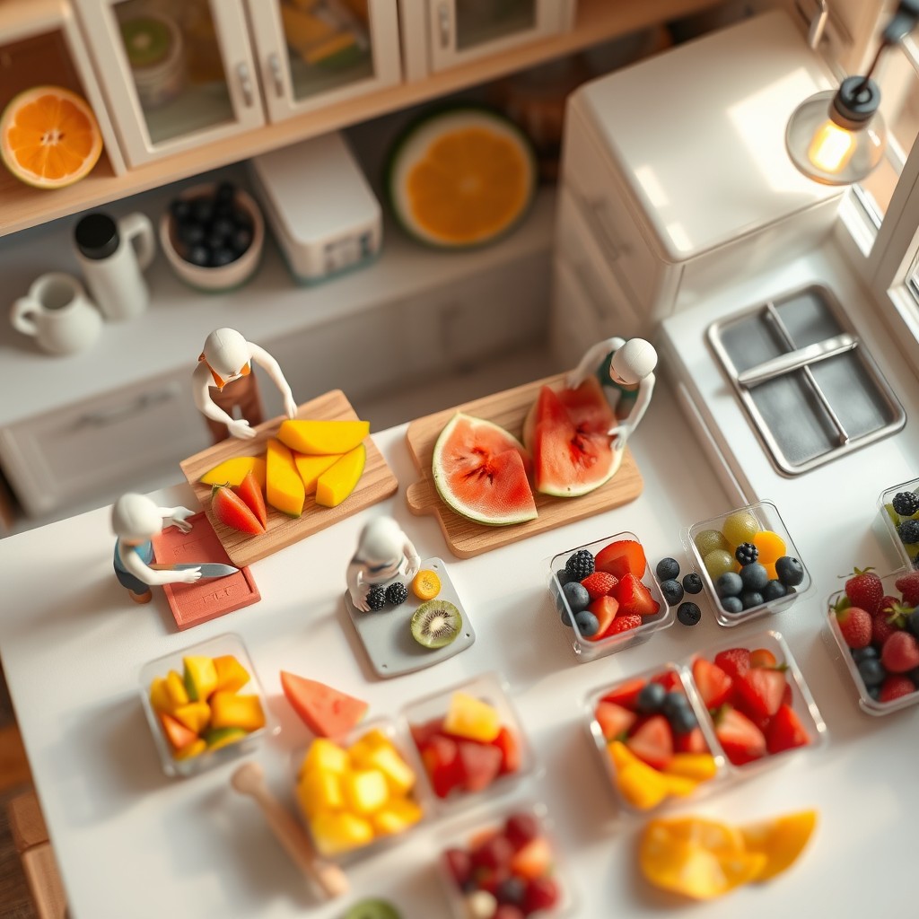 Tiny figures in a cozy home kitchen preparing and packaging freshly sliced fruits, featuring colorful fruit slices like mango, watermelon, kiwi, and assorted berries