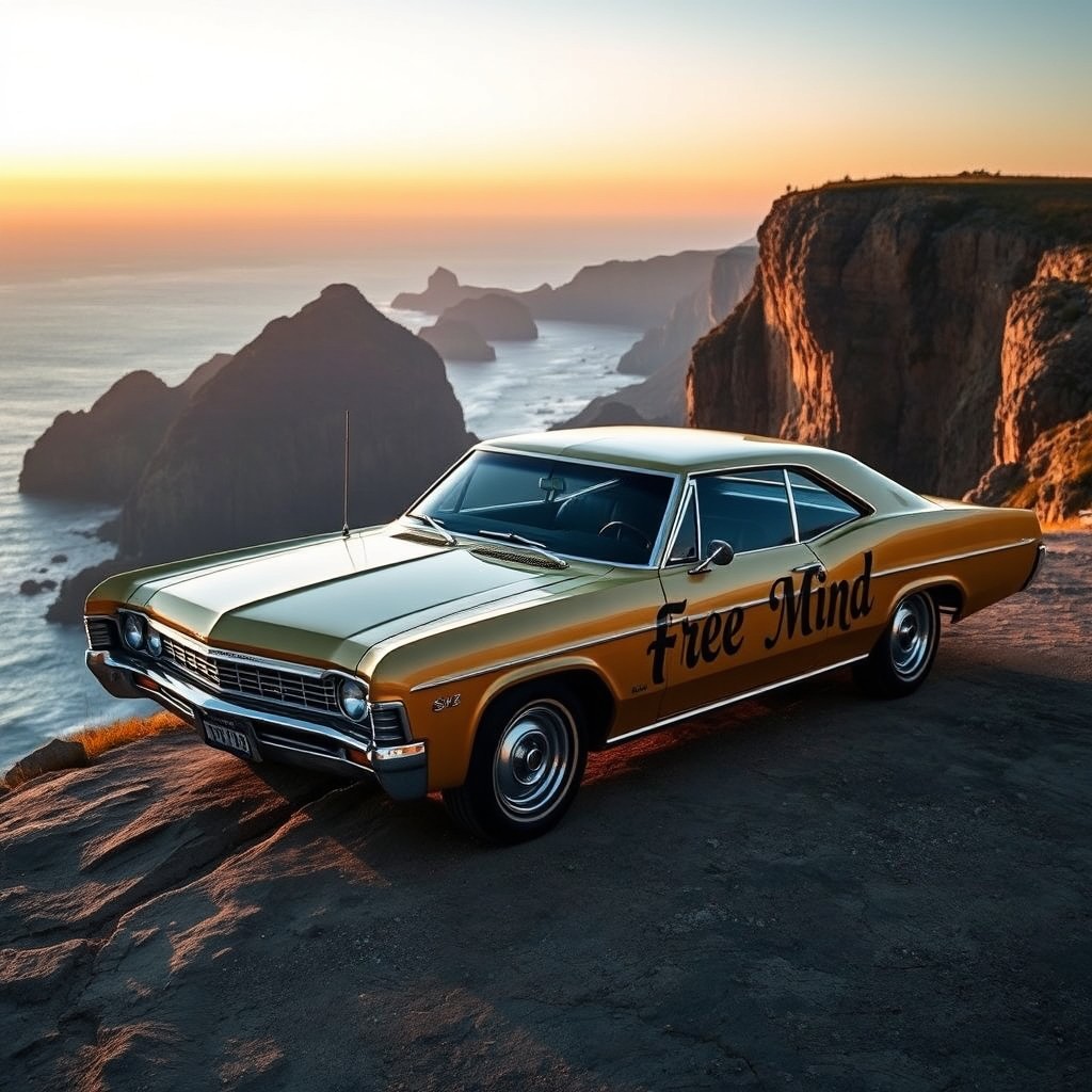 A 1967 Chevrolet Impala parked on the edge of dramatic cliffs, overlooking a stunning landscape