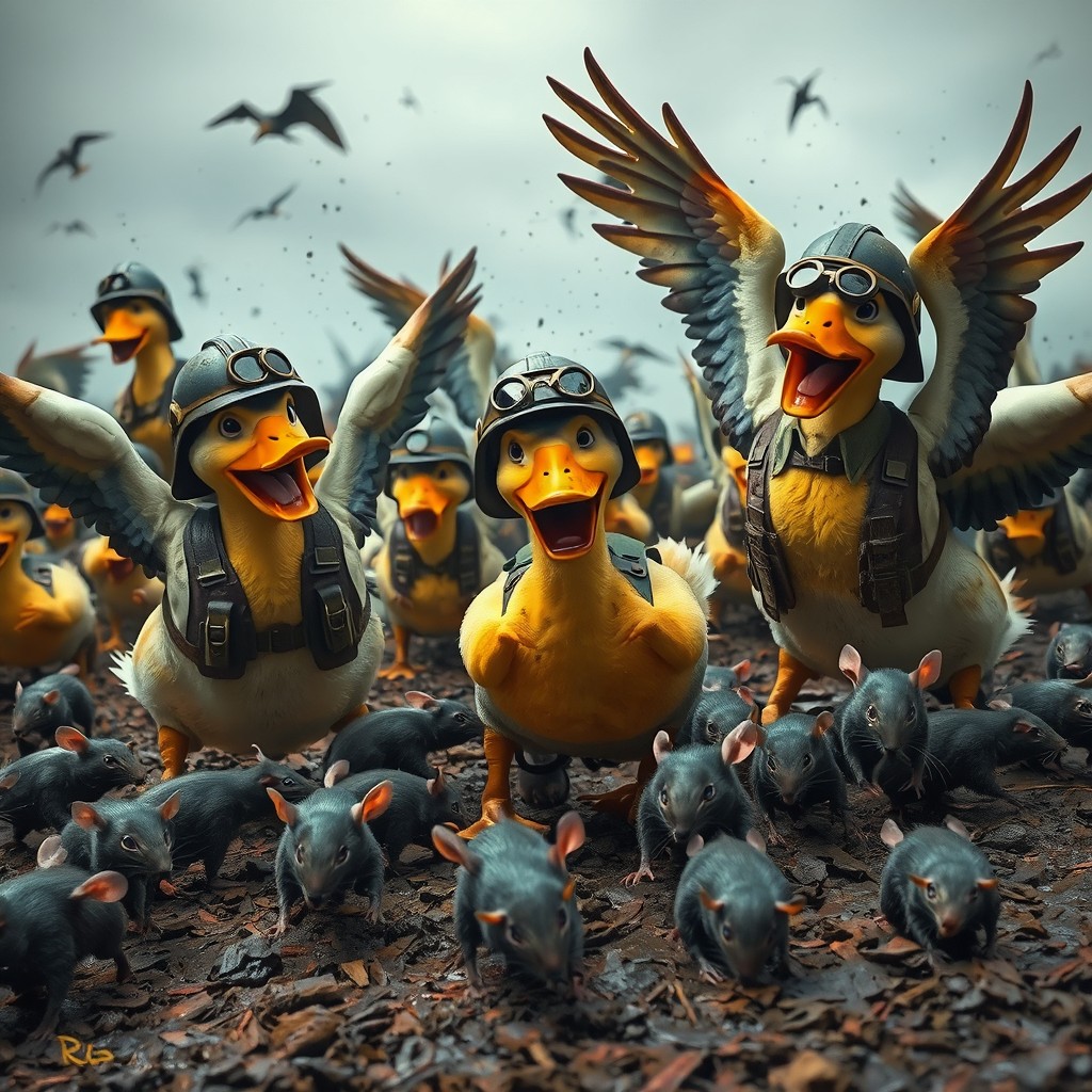 A surreal and chaotic battlefield scene depicting aggressive ducks in WWII military gear, such as helmets, vests, and goggles