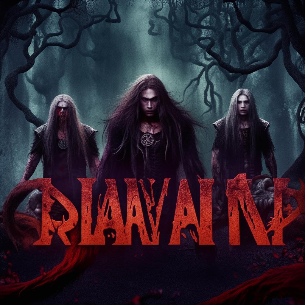 Four long-haired men standing sternly with fierce faces against the backdrop of the most haunted forest in a fantasy world teeming with monsters, featuring the word 'SA'AYANA' in blood-themed letters.