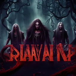 Four long-haired men standing sternly with fierce faces against the backdrop of the most haunted forest in a fantasy world teeming with monsters, featuring the word 'SA'AYANA' in blood-themed letters.