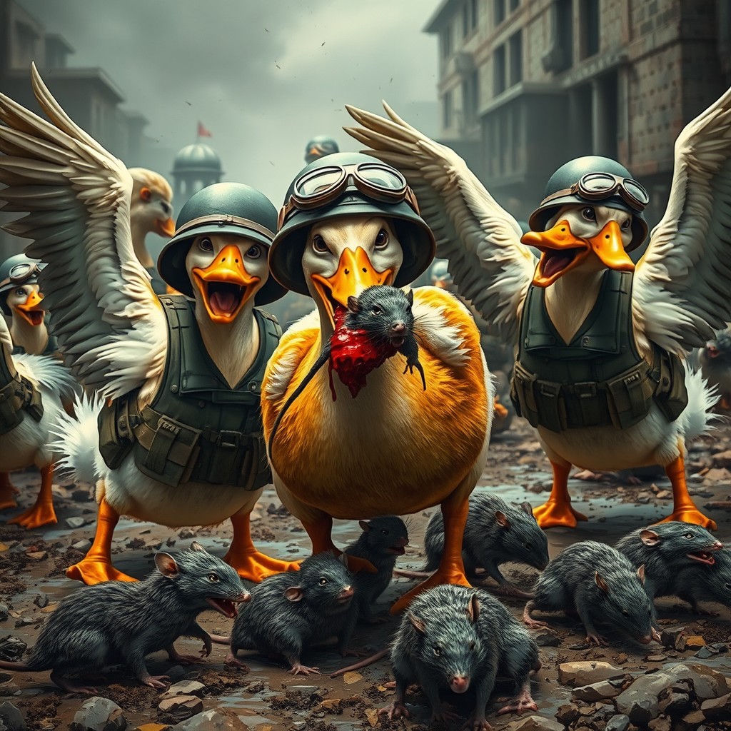 A surreal and chaotic battlefield scene depicting aggressive ducks in WWII military gear, including helmets, vests, and goggles