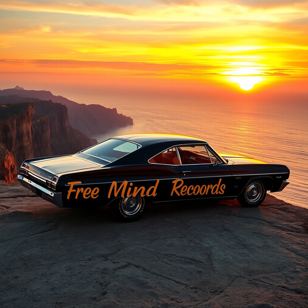 A black 1967 Chevrolet Impala parked on the edge of rugged cliffs during a breathtaking sunset
