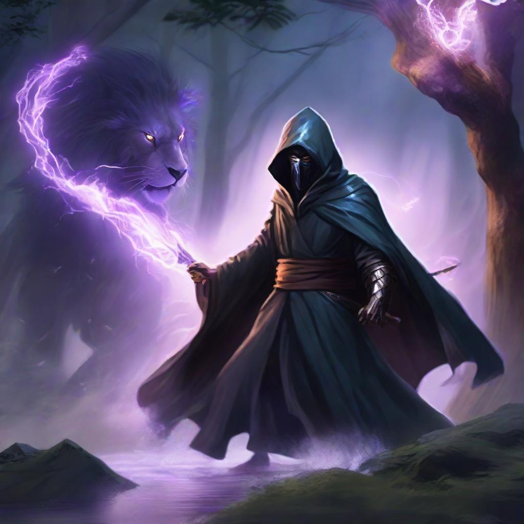 A mysterious man, face veiled by a black mask and draped in a lion-themed hooded robe, strides into combat against a water dragon in a sacred forest valley, his sword glowing with iridescent lightning. In another scene, he sits calmly, immersed in deep meditation, surrounded by a shield of crackling lightning energy.