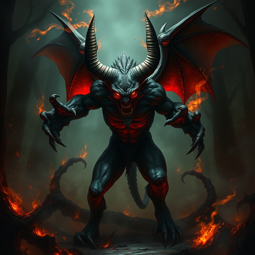 A fierce demon with dark, scaly skin and glowing red eyes, standing in a menacing pose