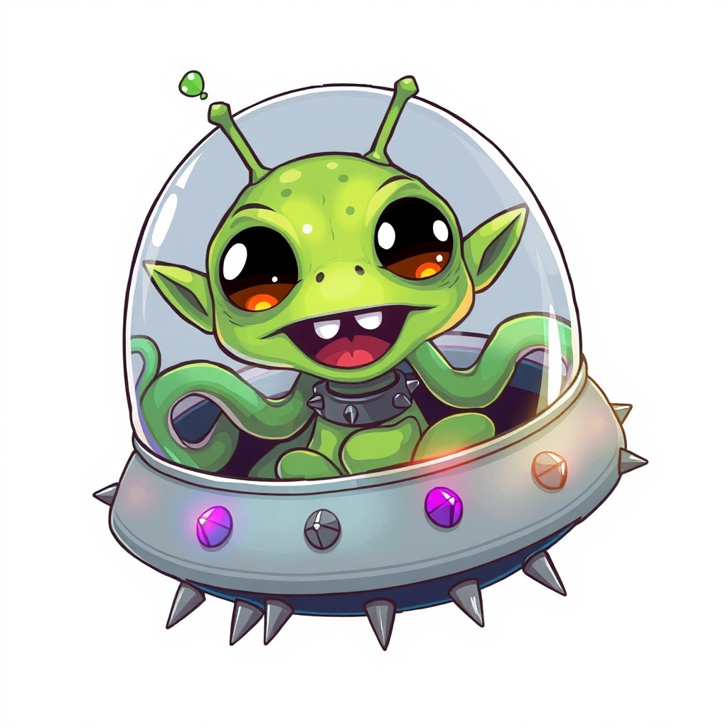 A cartoon illustration featuring a green gelatinous alien character