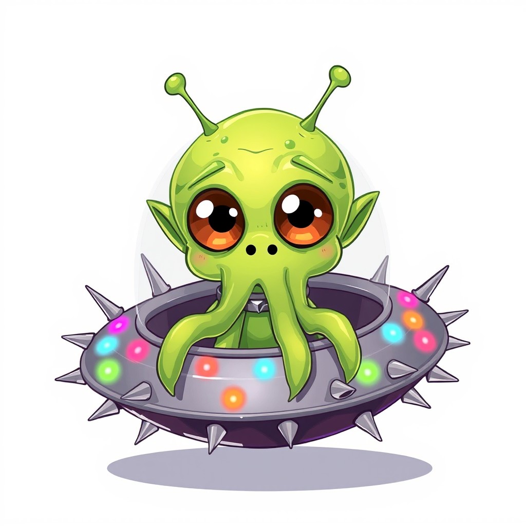 A cartoon illustration of a green alien character, gelatinous in texture, featuring five tentacles and enormous, expressive eyes