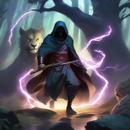 A mysterious man, face veiled by a black mask and draped in a lion-themed hooded robe, strides into combat against a water dragon in a sacred forest valley, his sword glowing with iridescent lightning. In another scene, he sits calmly, immersed in deep meditation, surrounded by a shield of crackling lightning energy.