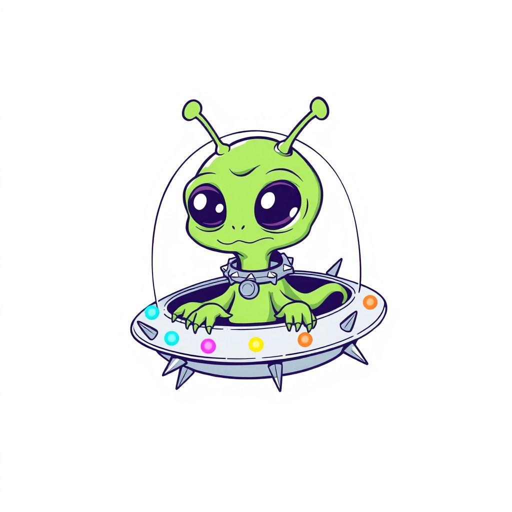 A whimsical line art illustration of a cartoon green alien, characterized by a gelatinous body, five tentacles, and oversized eyes