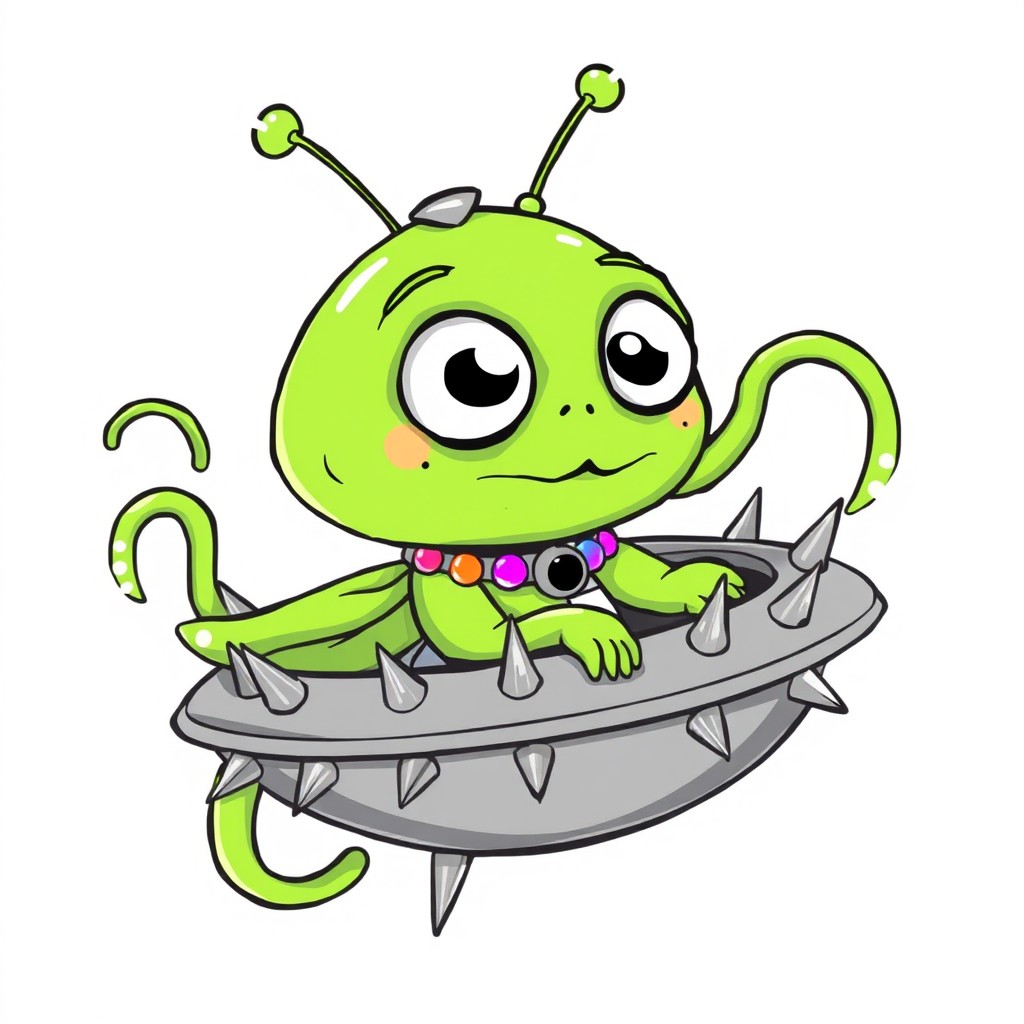A whimsical line art illustration of a cartoon green alien