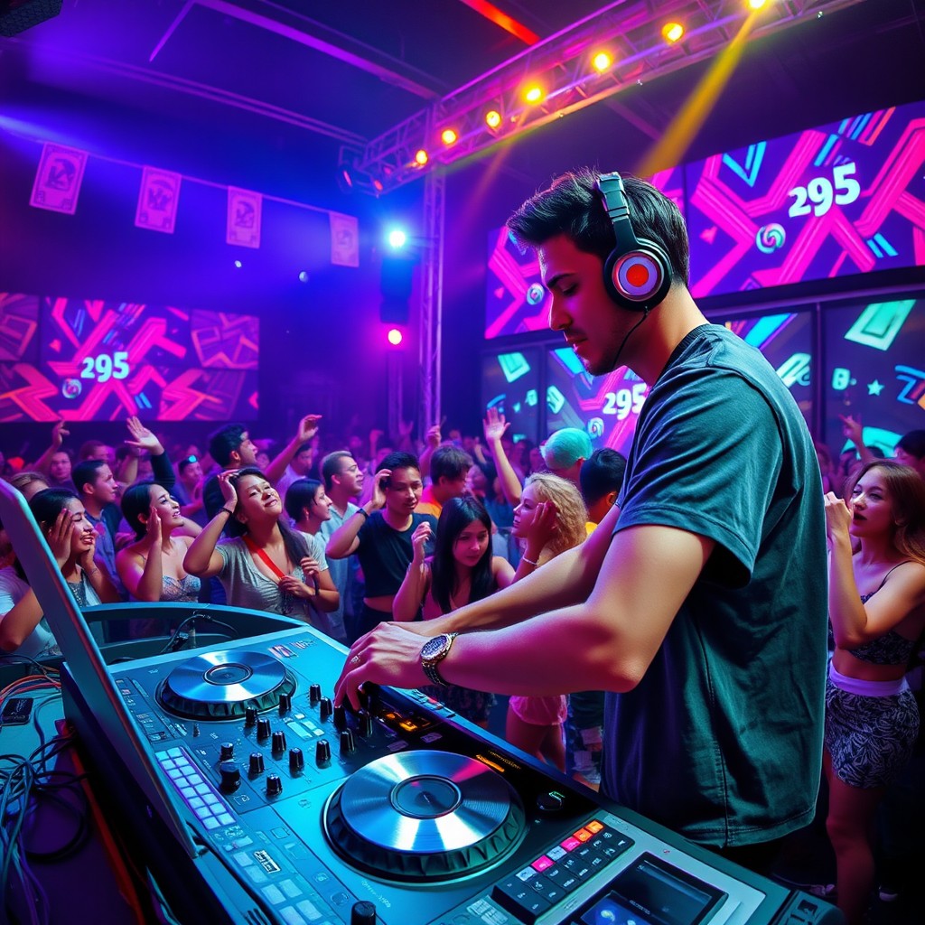 A vibrant and energetic scene featuring a DJ performing at a lively music festival