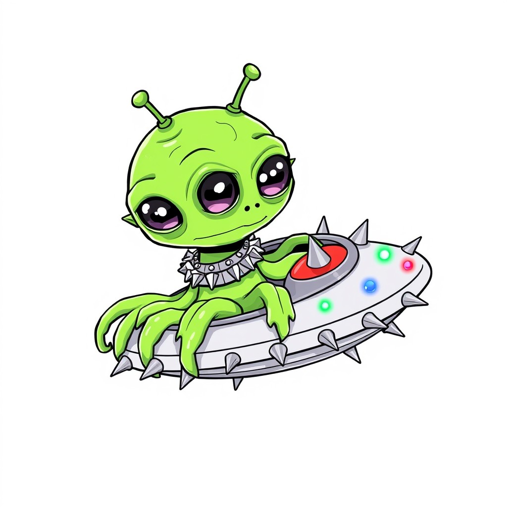 A detailed line art illustration of a cartoon green alien that is gelatinous in appearance, with five distinct tentacles and oversized, expressive eyes