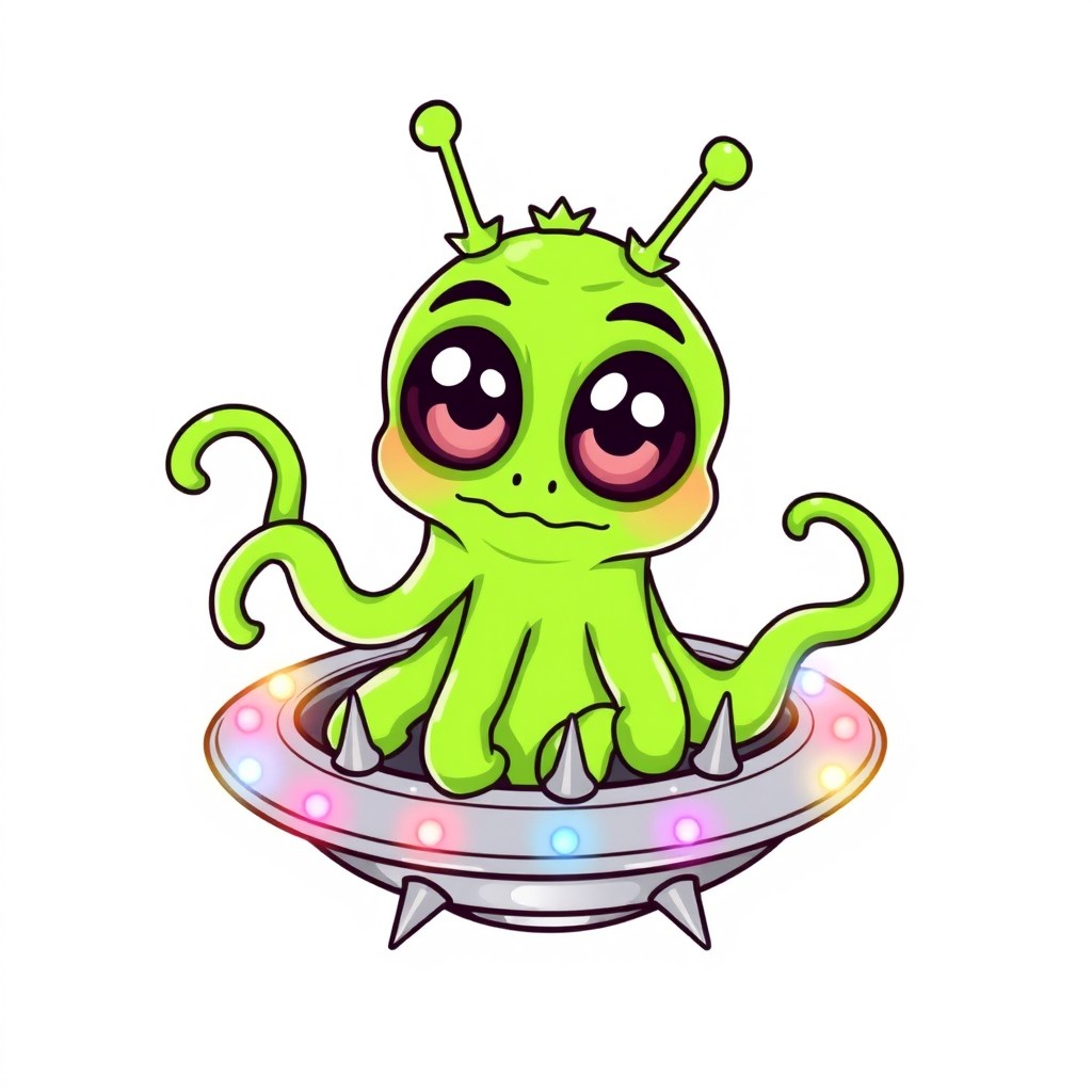 A cartoon-style line art illustration of a gelatinous green alien with a unique shape, featuring five long tentacles and oversized expressive eyes