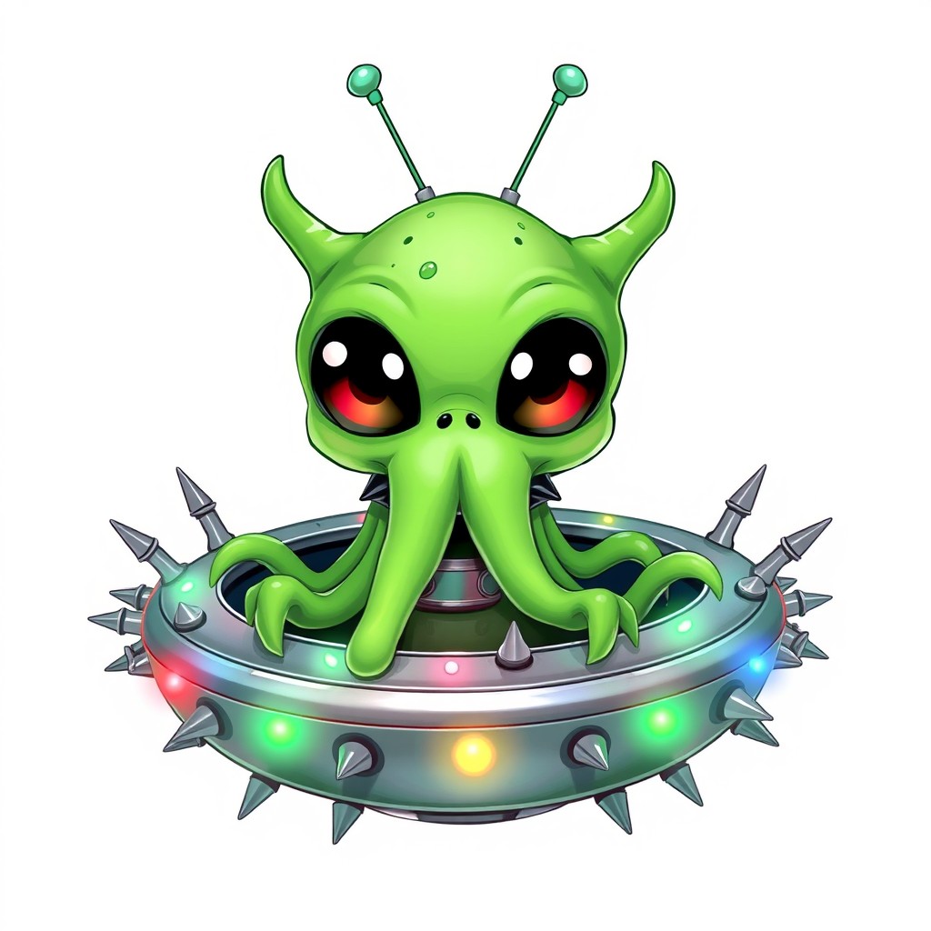 A cartoon green alien with a gelatinous body, featuring five tentacles and huge expressive eyes, along with two antennas on top of its head