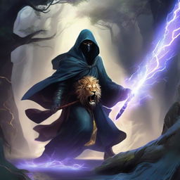 A mysterious man, face veiled by a black mask and draped in a lion-themed hooded robe, strides into combat against a water dragon in a sacred forest valley, his sword glowing with iridescent lightning. In another scene, he sits calmly, immersed in deep meditation, surrounded by a shield of crackling lightning energy.