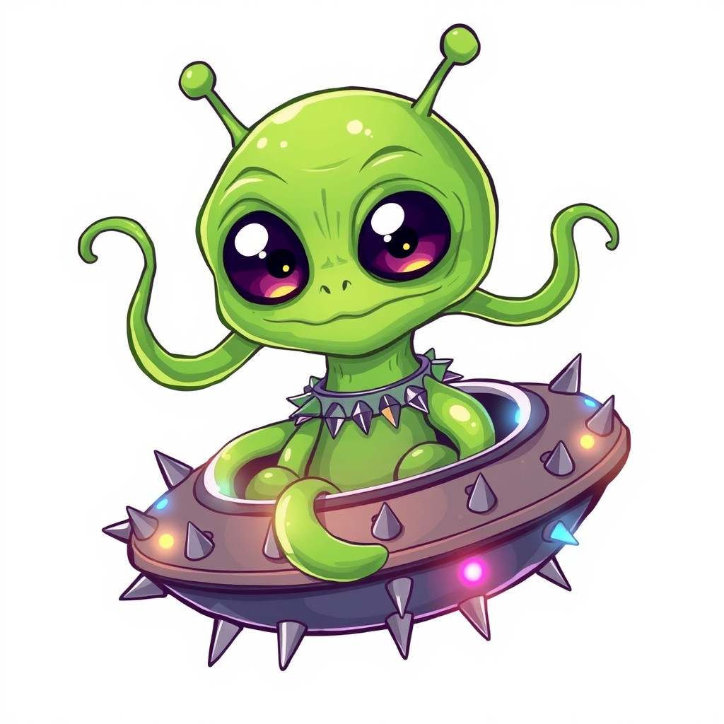 A cartoon illustration featuring a green gelatinous alien with five tentacles, huge eyes, and two antennas