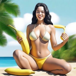 A high-quality, realistic digital art piece features a seductive woman in a bikini, kneeling and holding a banana with both hands in front of her mouth