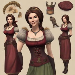 Create a female avatar player in the distinctive style of the game 'Forge of Empires', featuring medieval-inspired clothing and a rich historical backdrop.