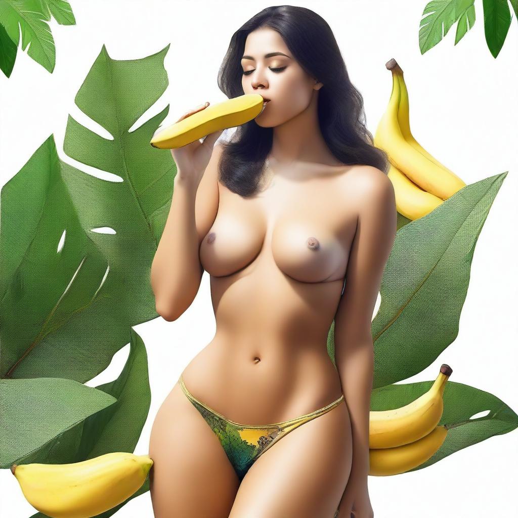 A high-quality, realistic digital art piece features a seductive woman in a bikini, kneeling and holding a banana with both hands in front of her mouth