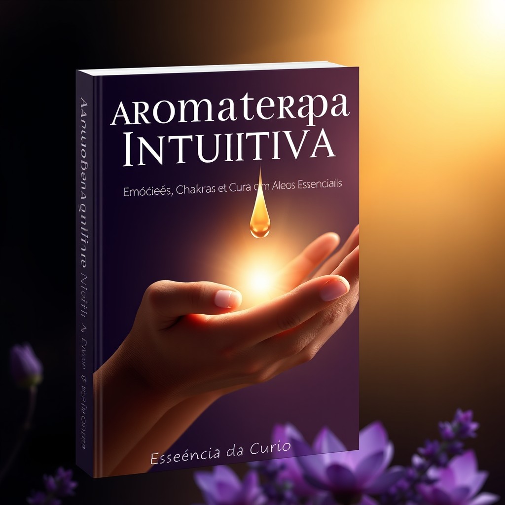A high-resolution vertical book cover for a digital ebook titled ‘Aromaterapia Intuitiva’, with the subtitle ‘Emoções, Chakras e Cura com Óleos Essenciais’ elegantly positioned