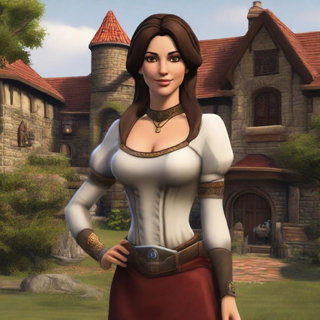 Create a female avatar player in the distinctive style of the game 'Forge of Empires', featuring medieval-inspired clothing and a rich historical backdrop.