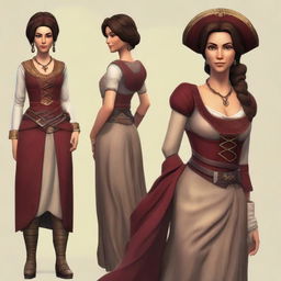 Create a female avatar player in the distinctive style of the game 'Forge of Empires', featuring medieval-inspired clothing and a rich historical backdrop.