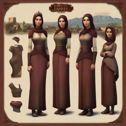 Create a female avatar player in the distinctive style of the game 'Forge of Empires', featuring medieval-inspired clothing and a rich historical backdrop.