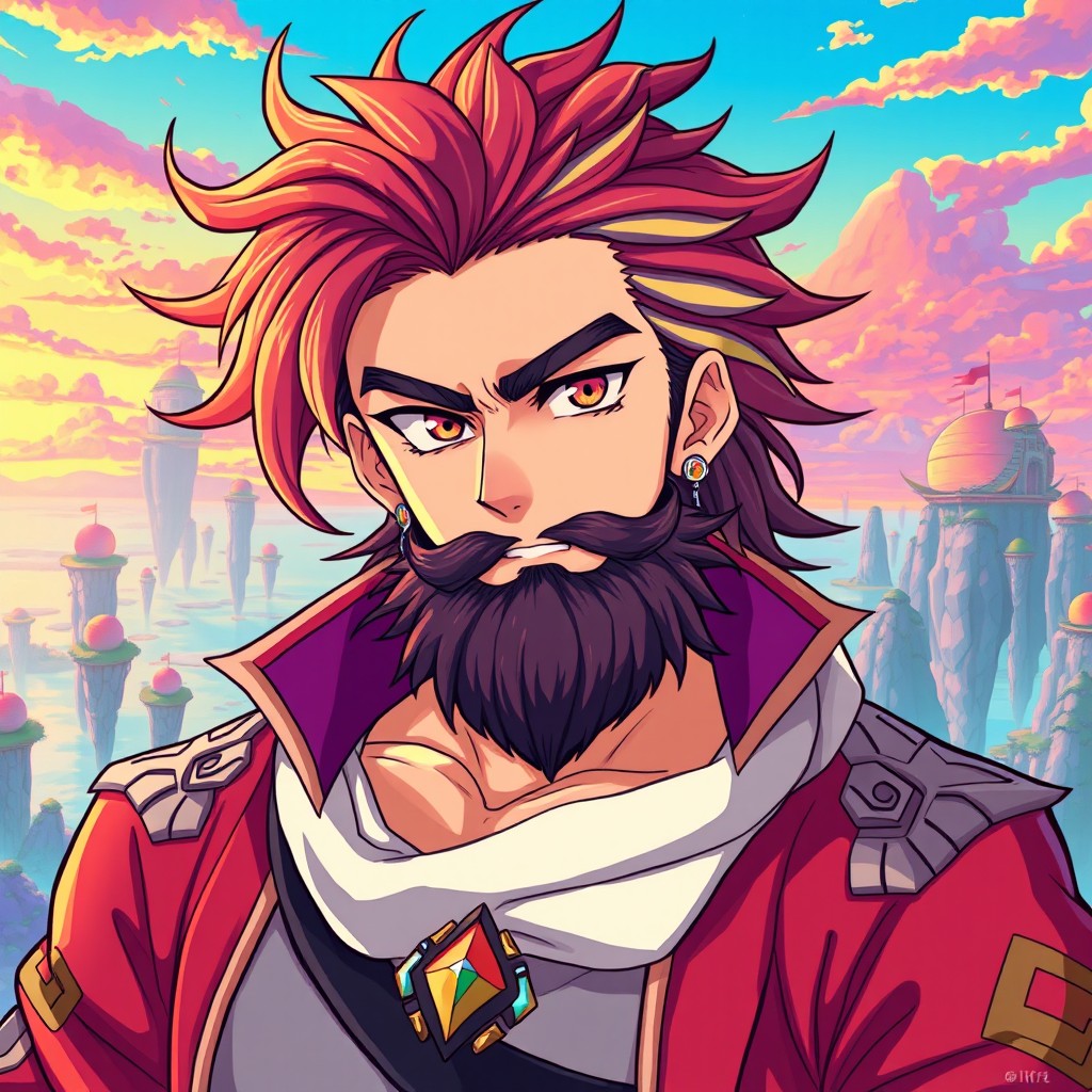 A handsome anime character with a stylish beard, showcasing a confident expression