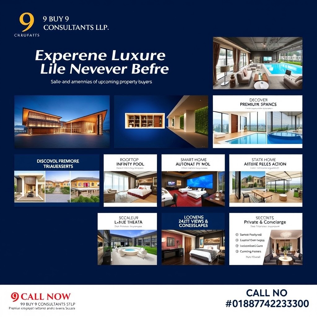 A luxurious Instagram carousel aimed at high-end property buyers, showcasing premium amenities of upcoming luxury projects by 9 BUY 9 CONSULTANTS LLP