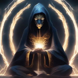 A mysterious figure, face shrouded in a dark mask and enveloped in a hooded lion robe, sits serenely, meditating within an energetic shield of sparking lightning.