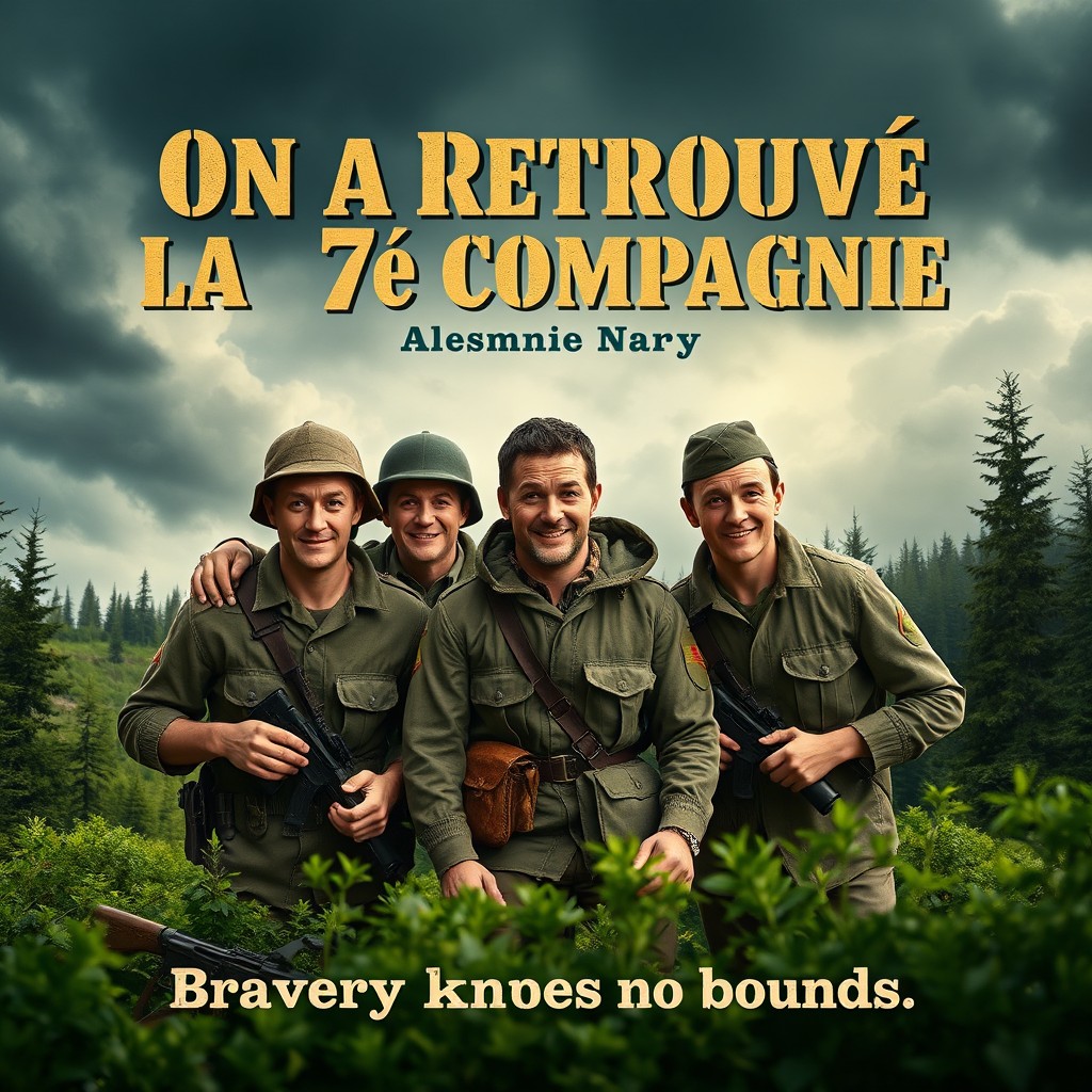 A movie poster for a fictional film titled "On a Retrouvé la 7e Compagnie" depicting a wartime setting