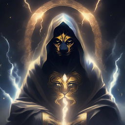 A mysterious figure, face shrouded in a dark mask and enveloped in a hooded lion robe, sits serenely, meditating within an energetic shield of sparking lightning.