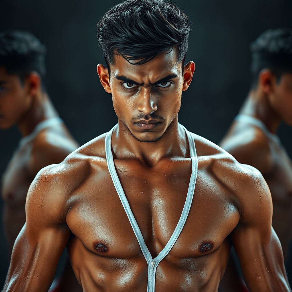 A striking portrait of an 18-year-old Indian boy, showcasing his strong physique in completely wet V-shaped white innerwear