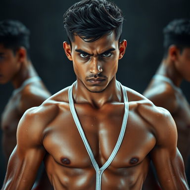 A striking portrait of an 18-year-old Indian boy, showcasing his strong physique in completely wet V-shaped white innerwear