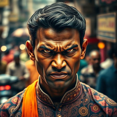 A fierce and determined Indian person with an intense expression, showcasing deep emotions
