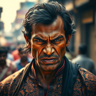 A fierce and determined Indian person with an intense expression, showcasing deep emotions