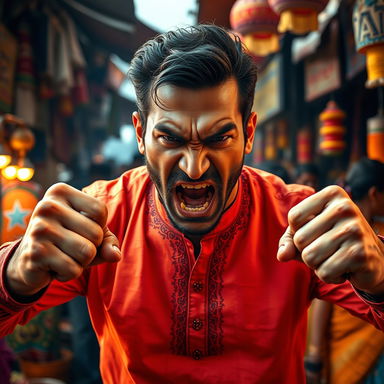 A strong and fierce Indian man expressing anger, with furrowed brows and clenched fists
