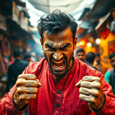A strong and fierce Indian man expressing anger, with furrowed brows and clenched fists