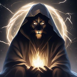 A mysterious figure, face shrouded in a dark mask and enveloped in a hooded lion robe, sits serenely, meditating within an energetic shield of sparking lightning.