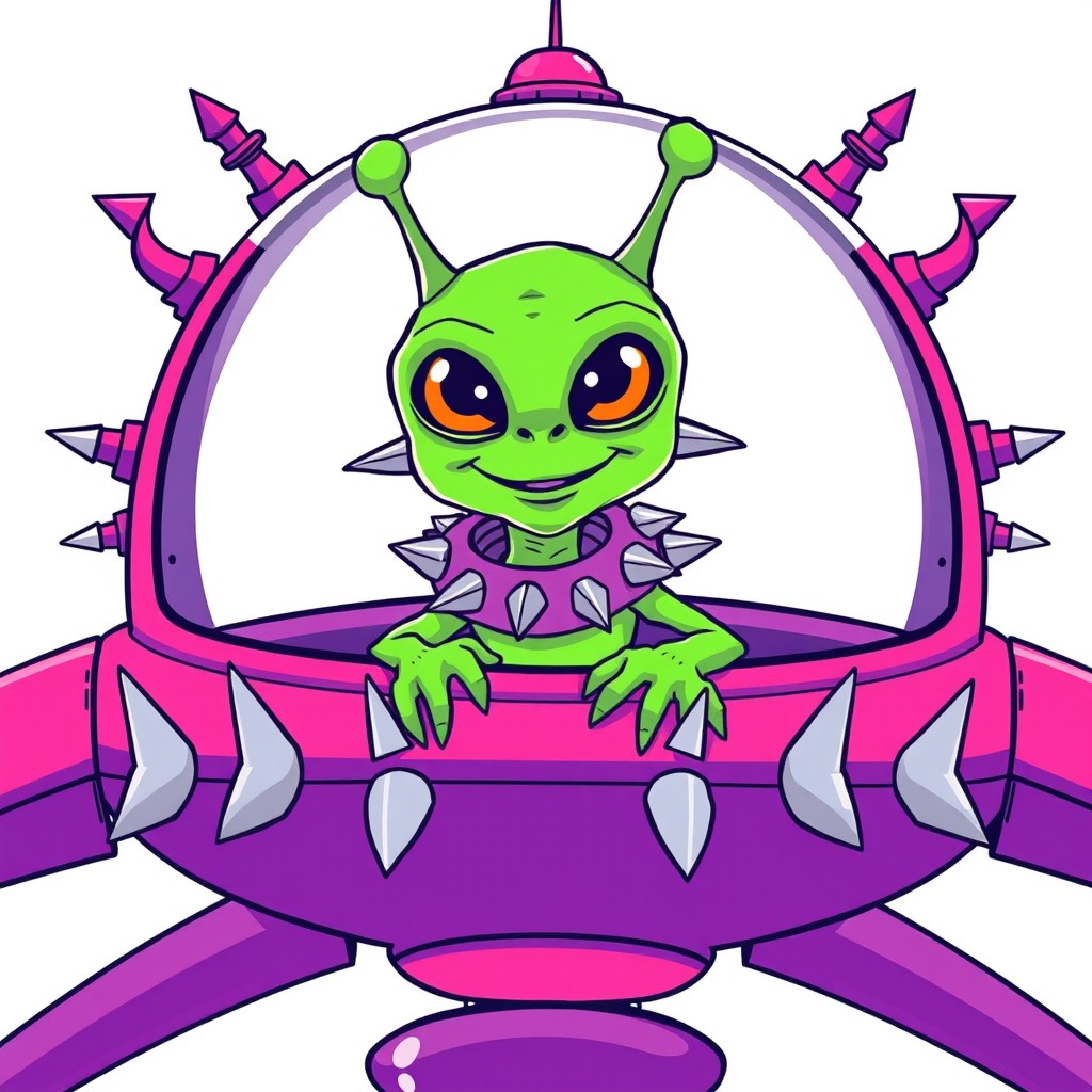 Cartoon-style line art of a green alien with a large head, two antennae, big black eyes featuring orange pupils, and a smiling mouth