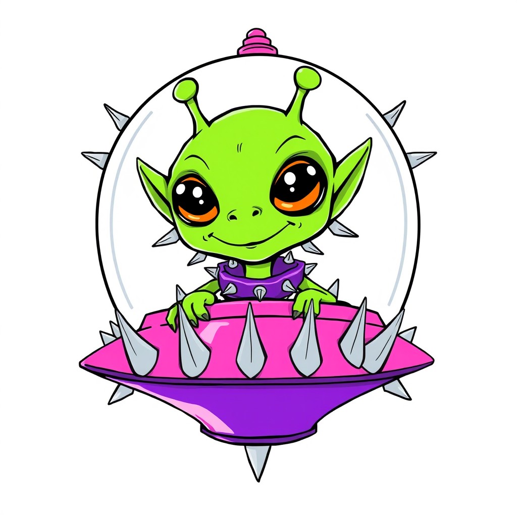 A cartoon-style line art illustration of a green alien with a large head, two antennae, big black eyes featuring orange pupils, and a smiling mouth