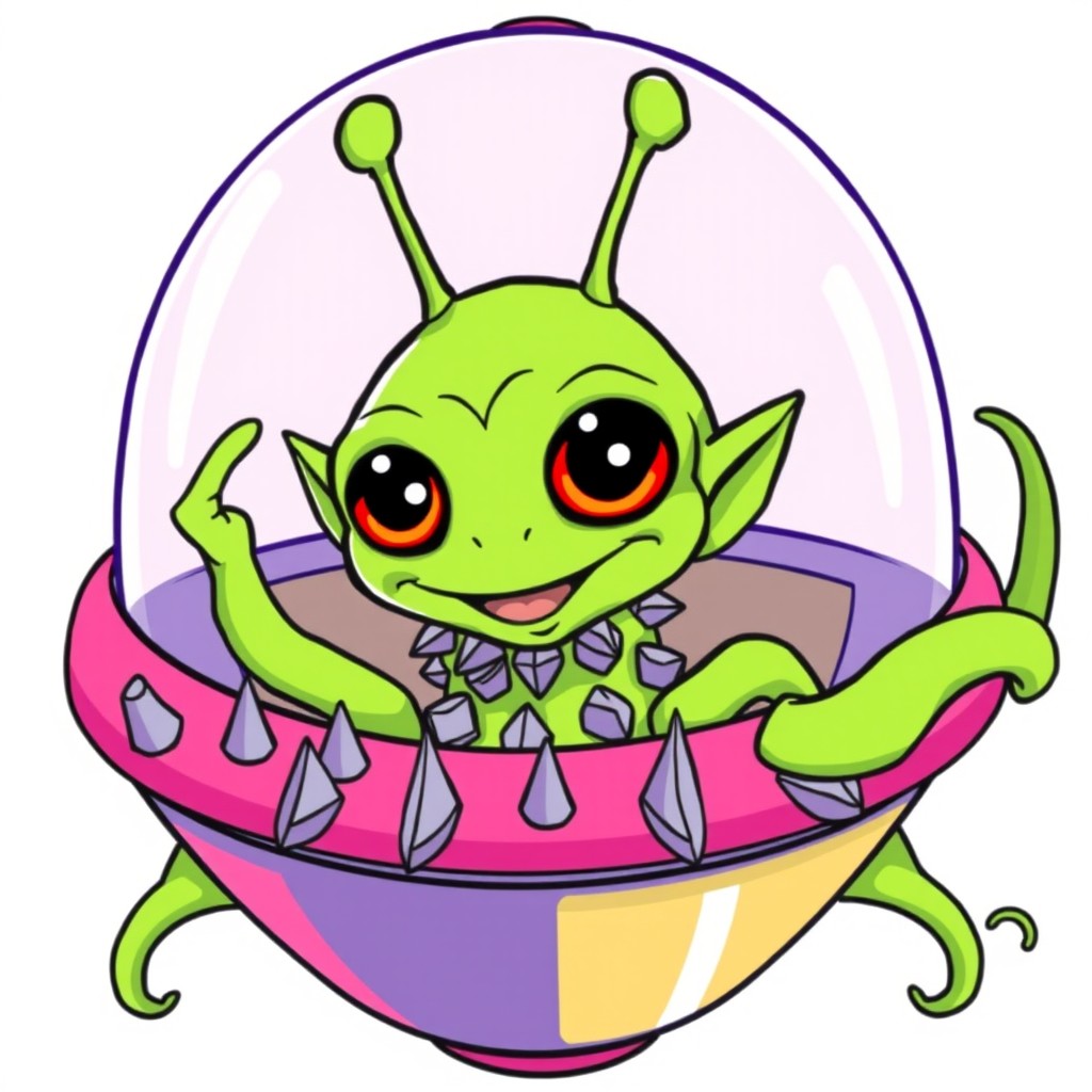 Cartoon-style line art of a friendly green alien with a large head, two antennae, big black eyes with vibrant orange pupils, and a wide smiling mouth