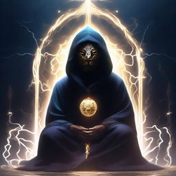 A mysterious figure, face shrouded in a dark mask and enveloped in a hooded lion robe, sits serenely, meditating within an energetic shield of sparking lightning.