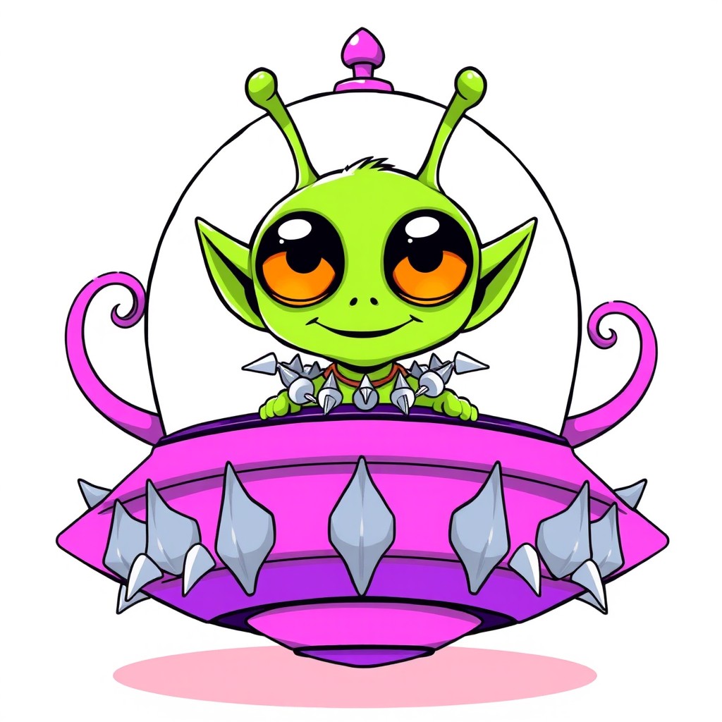 A cartoon-style line art illustration of a green alien with a large head, distinct two antennae, big black eyes featuring bright orange pupils, and a smiling mouth