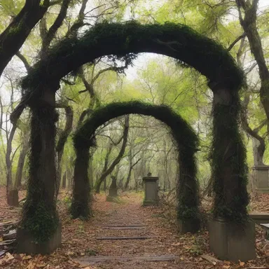 The arbor in the old cemetery was covered in dense vines and hung with decaying bodies, creating a truly horrifying sight.