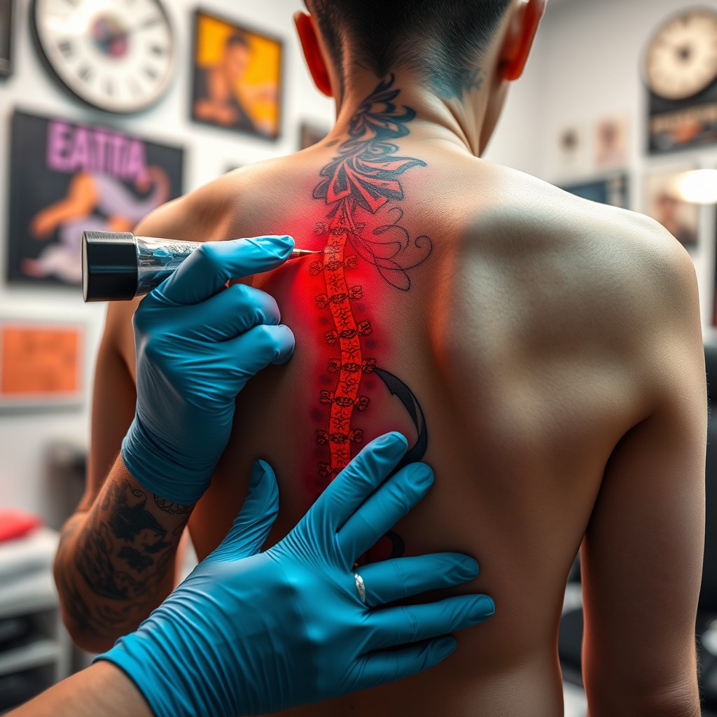 A captivating time-lapse scene showcasing a spine tattoo being expertly inked onto a person's back