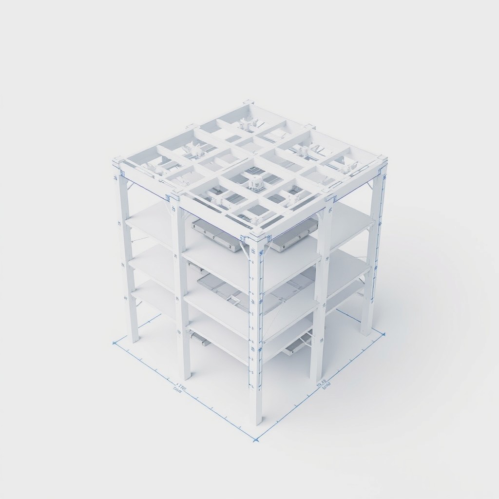 An intricate 3D model of a Revit structure, highlighting a complex framework of beams, columns, and slabs, showcasing the precision and detail in architectural design