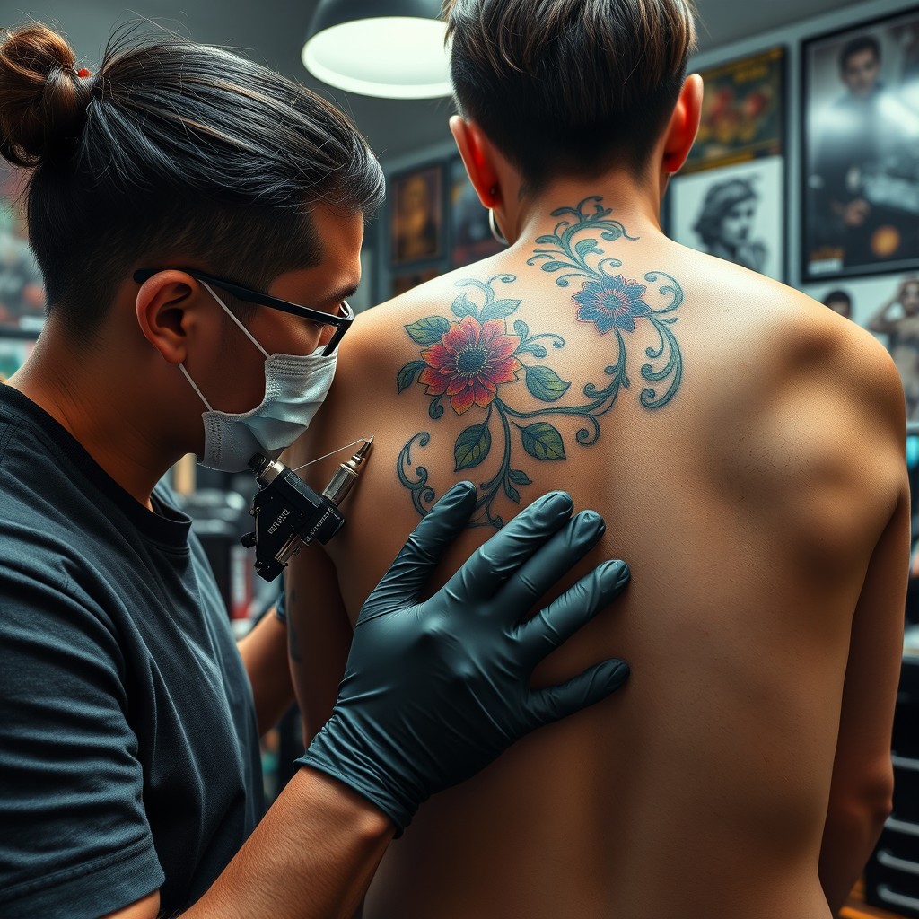 A stunning time-lapse scene capturing the intricate process of a vibrant spine tattoo being meticulously inked on a person's back