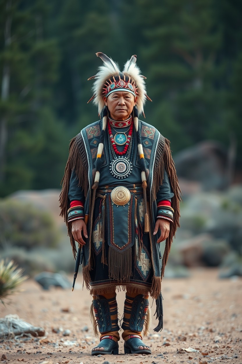 A modern depiction of a Native American shaman standing in a full-length portrait